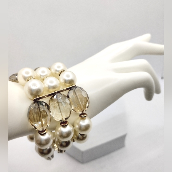 Fashion Chunky Faux Pearl Clear Glass Beads and Rhinestone Bracelet - Picture 3 of 5